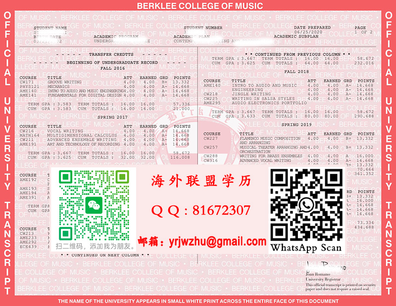 美国伯克利音乐学院成绩单样本|展示伯克利音乐学院成绩单