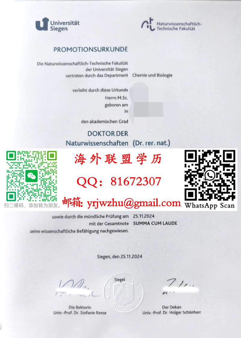锡根大学博士学位证书样本|锡根大学博士文凭