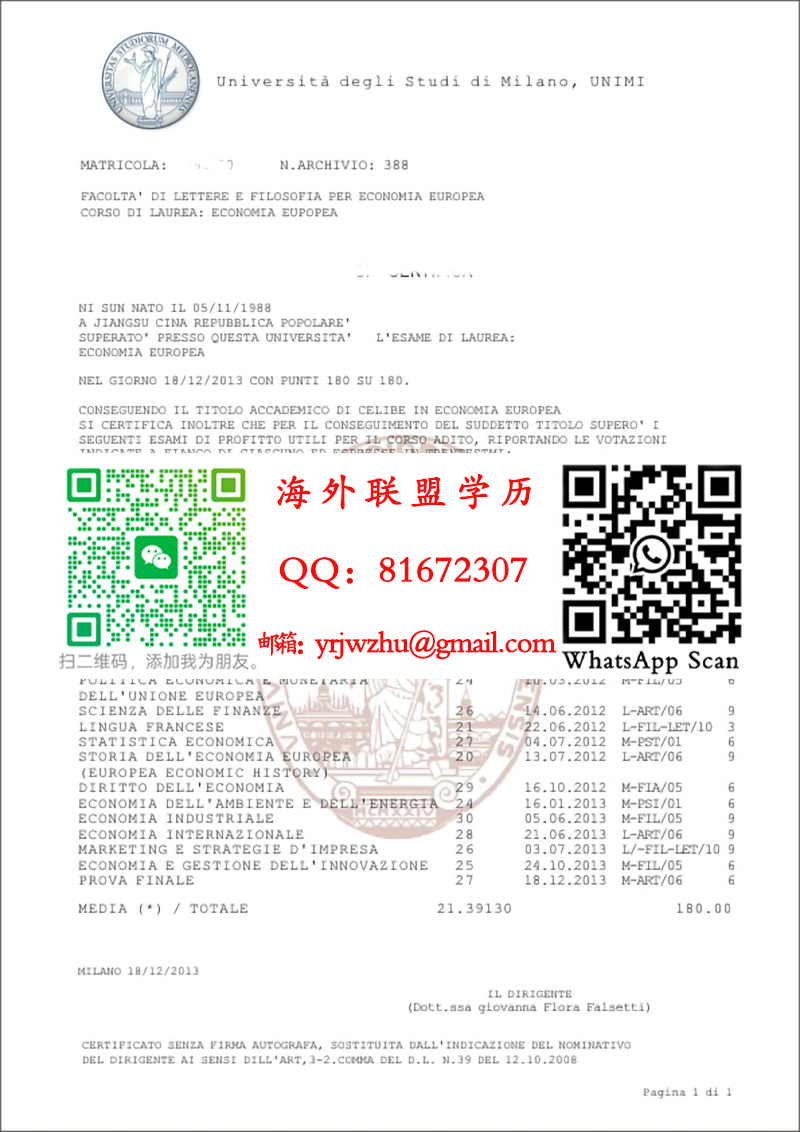 意大利米兰大学成绩单样本|米兰大学成绩单