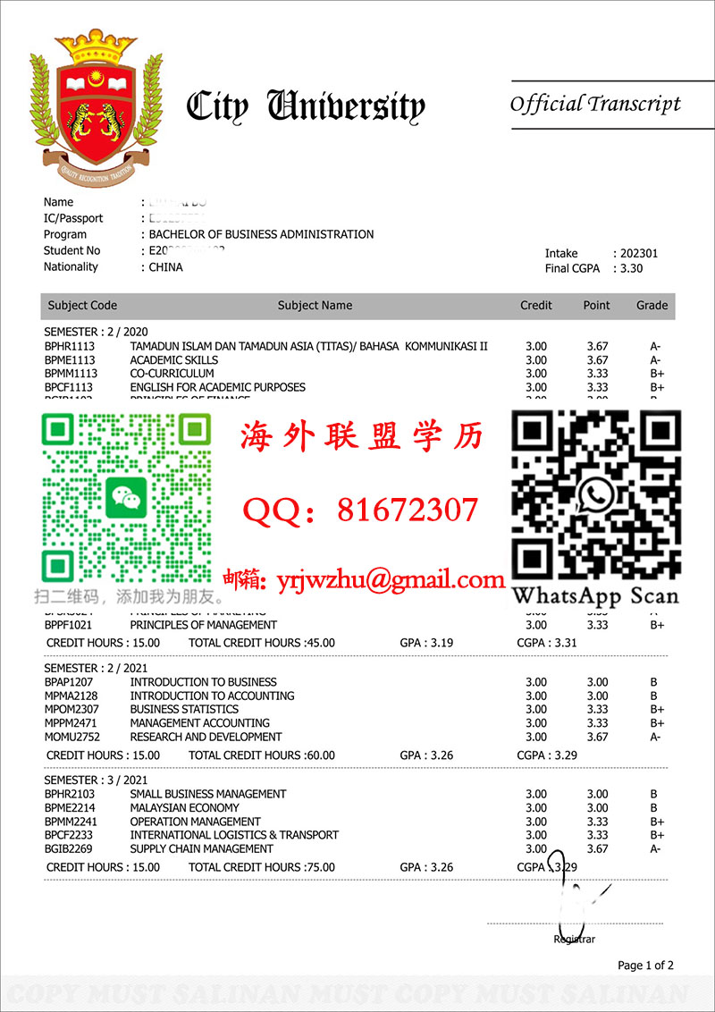 马来西亚City U城市大学成绩单样本|city城市大学成绩单