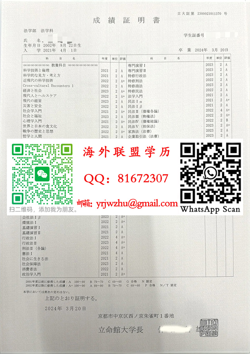 立命館大学成绩证明书